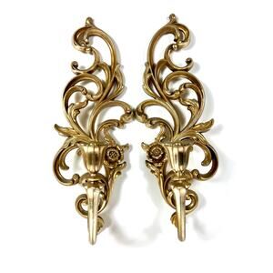 Vintage Syroco Gold Floral Double Arm Wall Candle Sconce MCM Hollywood Regency